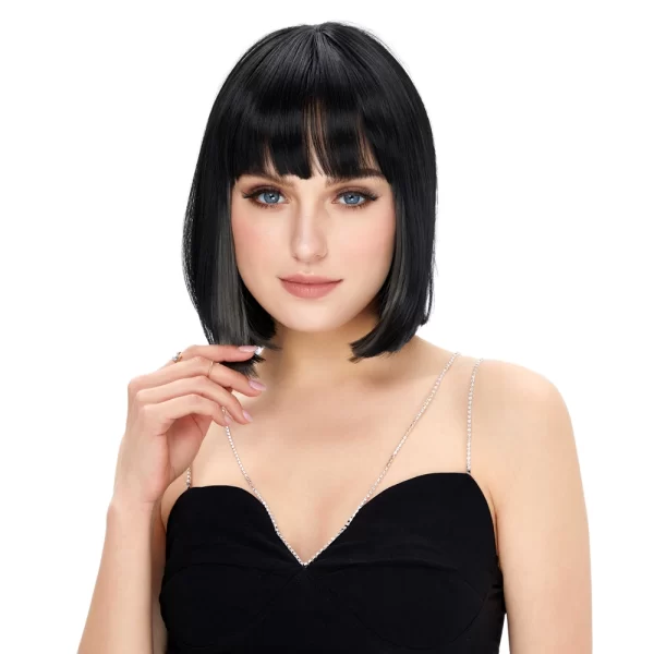 Doll Wig | Black and Grey Highlight Bob Straight Wig with Flat Bangs ( 14 Inch )